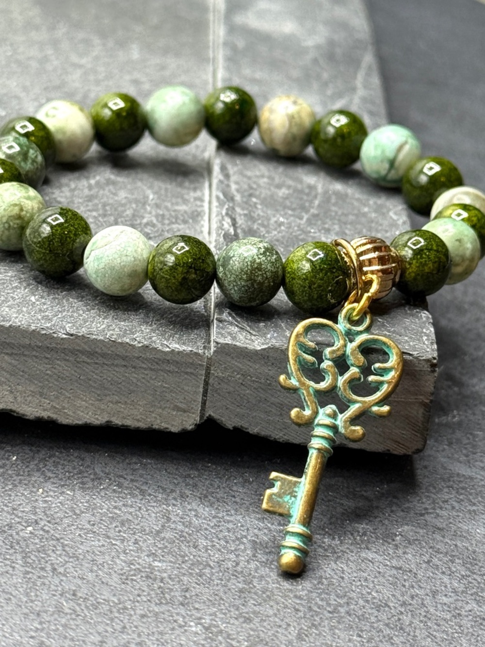 Ocean Jasper Beaded Bracelet with Key Charm